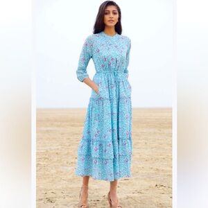 Banjanan Bazaar Turquoise Tiered Floral Midi Dress
